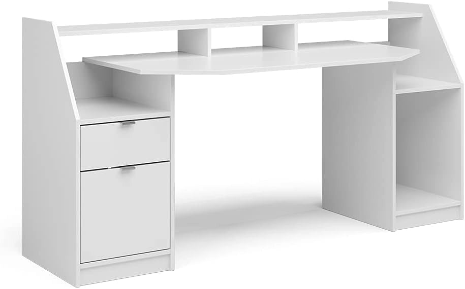 Scrivania computer Joel, Bianco, 179.8 x 65.5 cm, con ripiani per accessori e supporto rialzato per monitor