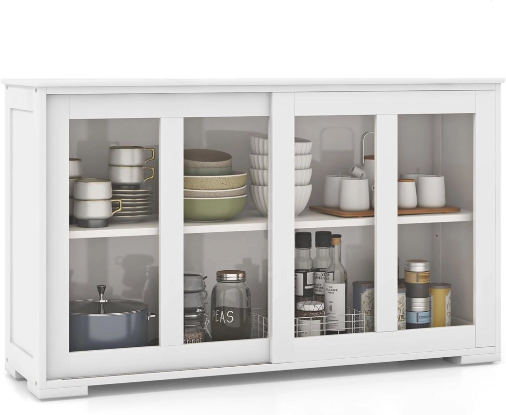 Mobile Buffet Dispensa Cucina con Ante Scorrevoli in Vetro Temperato e Ripiano Regolabile, Credenza Cucina, Armadietto a Buffet per Sala da Pranzo, Soggiorno, 107x33x64 cm (Bianco Puro)