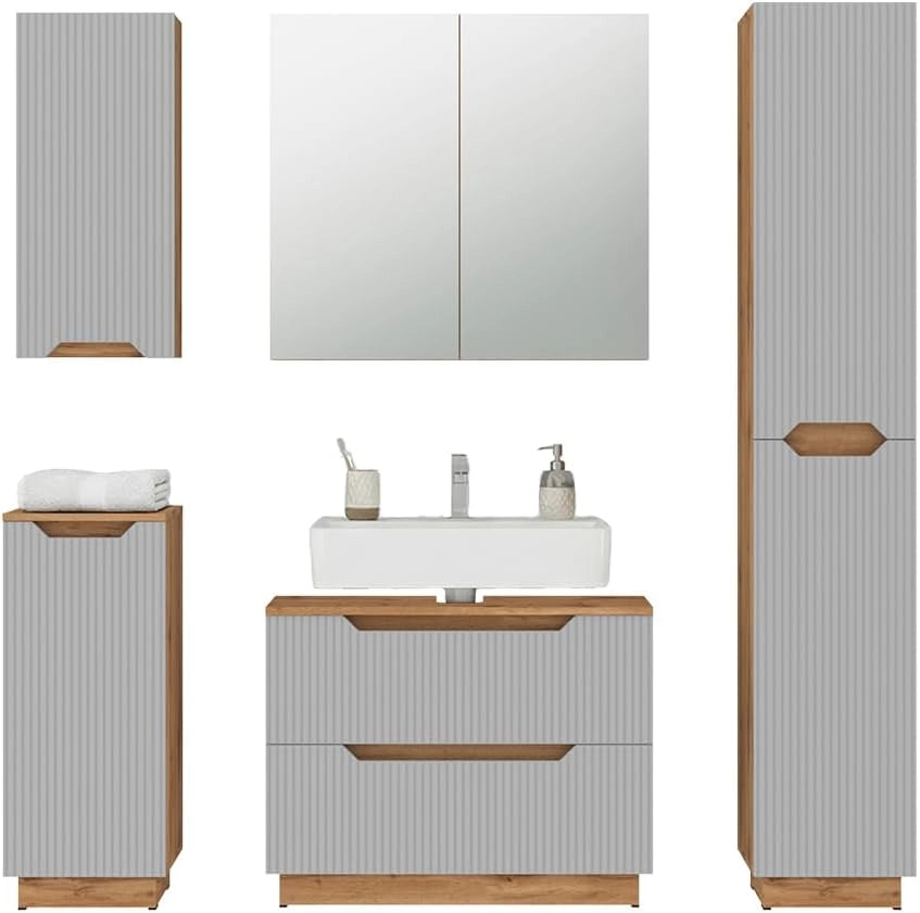 Set di mobili da bagno Lotta, Rovere/grigio a righe, 5 parti