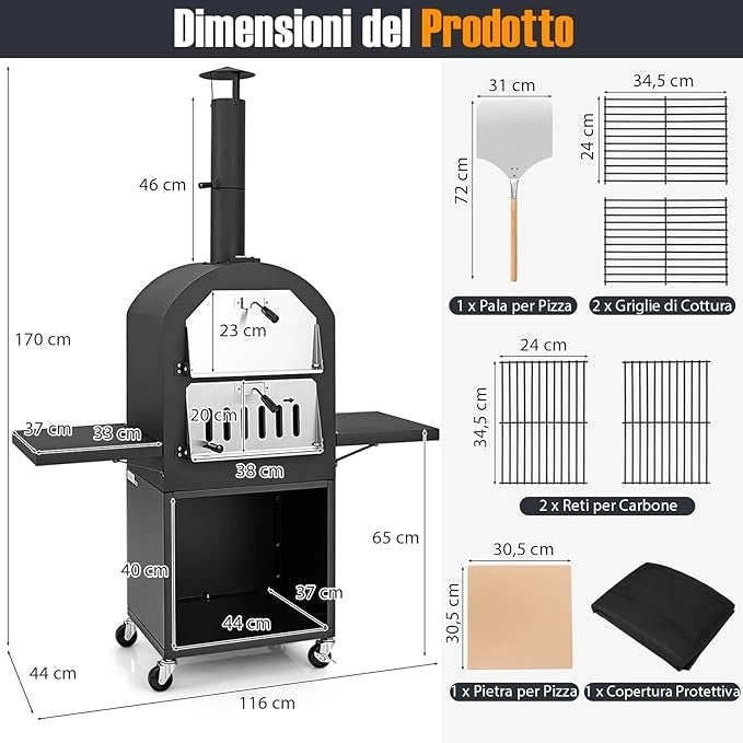 Forno per Pizza da Esterno con Ruote, Forno a Legna per Pizza con Copertura Protettiva, Pala per Pizza, Griglie e Termometro Integrato, per BBQ, Campeggio, Festa [Classe di efficienza energetica A+]
