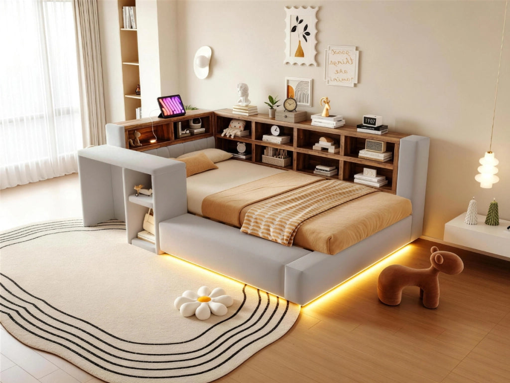 Letto singolo imbottito 90 × 200 cm in velluto grigio chiaro con testiera LED prese e ripiani multilivello