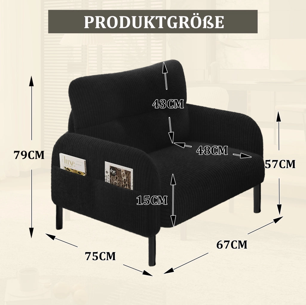 Poltrona singola in tessuto corduroy nero 67 x 75 x 79 cm con tasca laterale