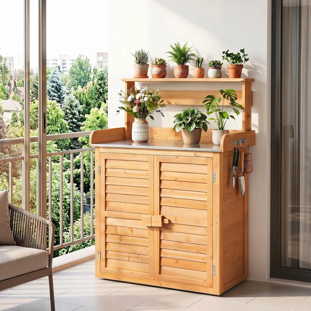 Armadietto da Esterno in Legno a 2 Livelli (Legno) | con Piano in Metallo Zincato, 3 Ganci Appendiabiti, Ripiani Rimovibili e Ante a Doghe, da Giardino, Balcone e Cortile