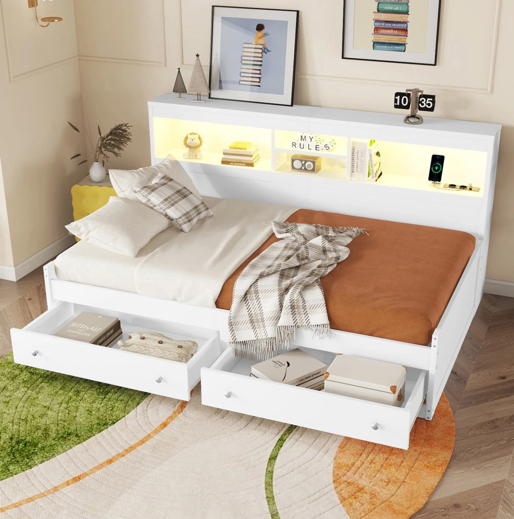 LETTO Daybed 90x200 cm con 2 cassetti, USB e LED Bianco