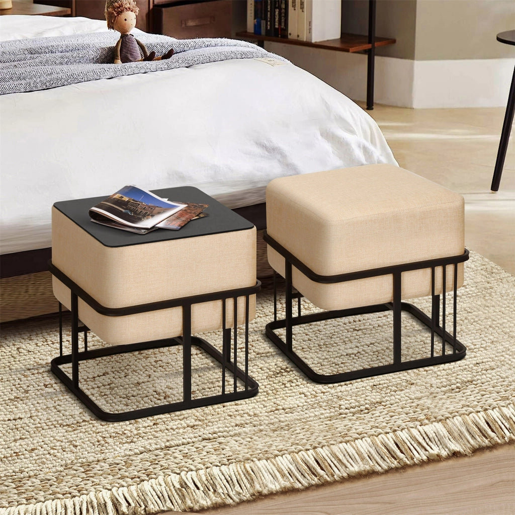 Set 2 Pouf TAS Reversibili Impilabili Seduta Imbottita e Piano Rigido Rettangolare 38x38x38 cm Beige [en.casa]