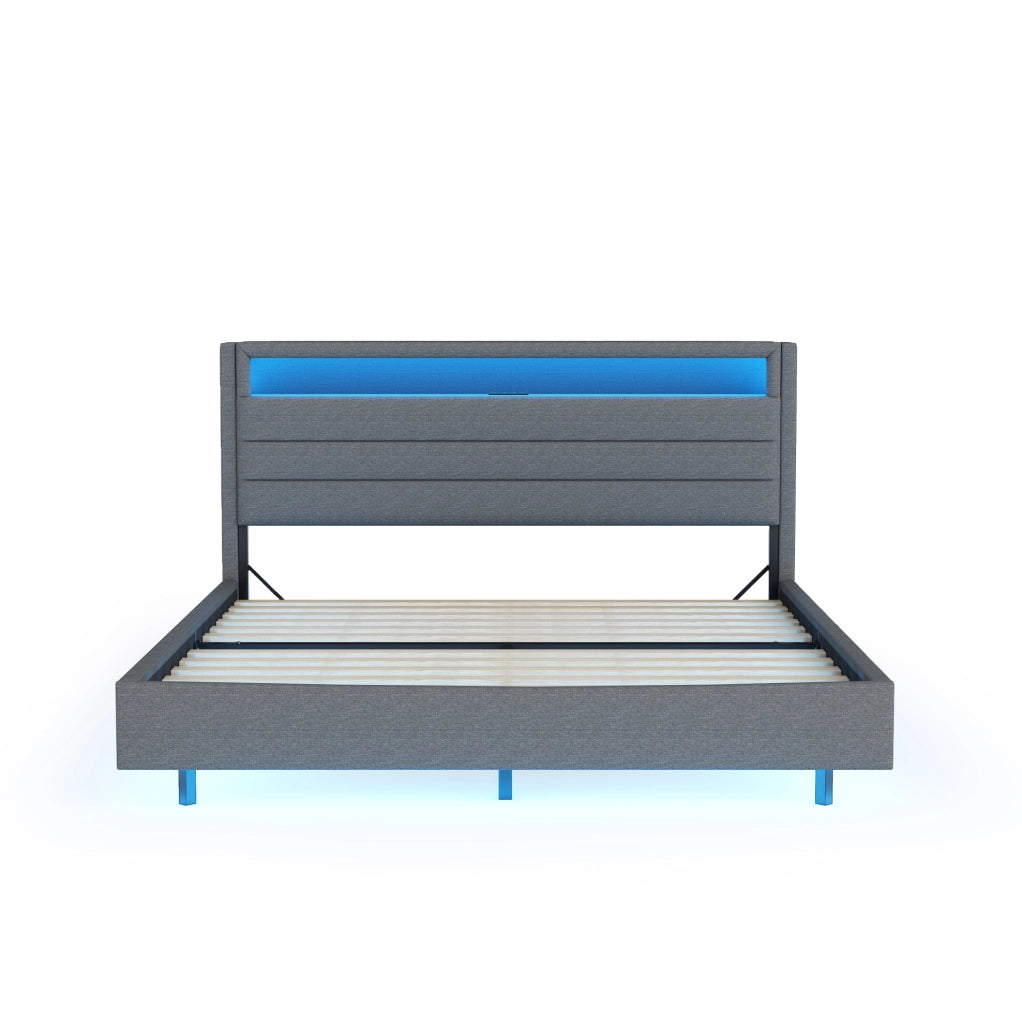 Letto imbottito 140x200 cm grigio in tessuto con USB, LED e testiera reversibile