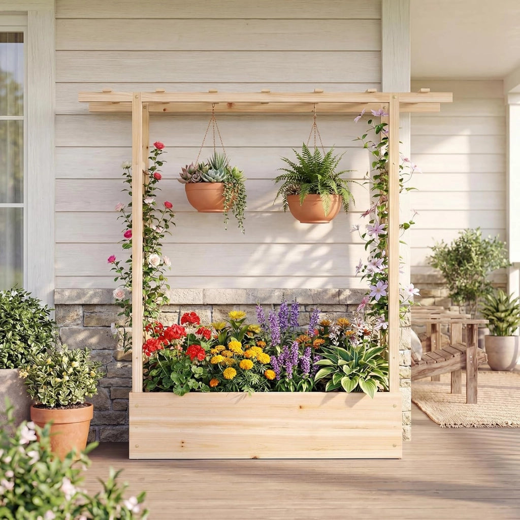 Fioriera Rialzata con Grigliato, Letto da Giardino Rialzato in Legno con Traliccio, Tetto e Fori di Drenaggio, Aiuola Elevata per Piante Rampicanti, Viti e Fiori (Naturale,110 x 35 x 114 cm)