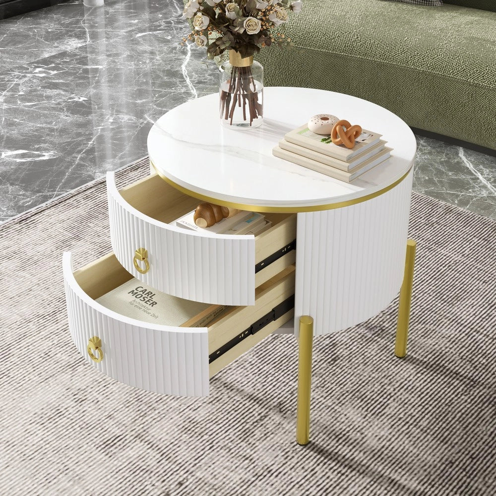 Tavolino da Caff¨¨ con Cassetti ¨C Xylo ¨C Effetto Marmo, Gambe Dorate, Piano Regolabile