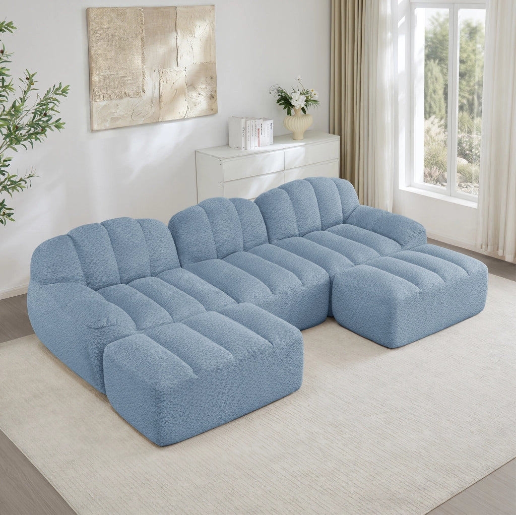 Divano modulare 3 posti con 2 pouf; 288x165x79 cm; in fleece granulare blu