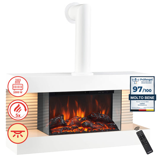 Camino elettrico LIZ con tubo del camino- Caminetto da parete con riscaldamento, effetto fiamma 3D, luce ambiente a LED, telecomando - Bianco