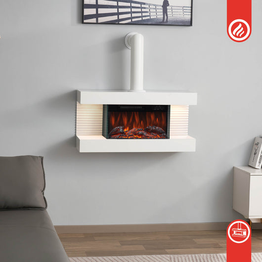 Camino elettrico LIZ con tubo del camino- Caminetto da parete con riscaldamento, effetto fiamma 3D, luce ambiente a LED, telecomando - Bianco
