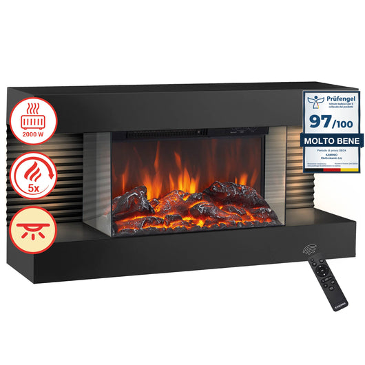 Camino elettrico LIZ - Caminetto elettrico da parete con riscaldamento, effetto fiamma 3D, luce ambiente a LED, telecomando - Nero