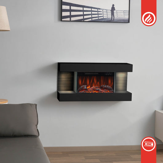 Camino elettrico LIZ - Caminetto elettrico da parete con riscaldamento, effetto fiamma 3D, luce ambiente a LED, telecomando - Nero