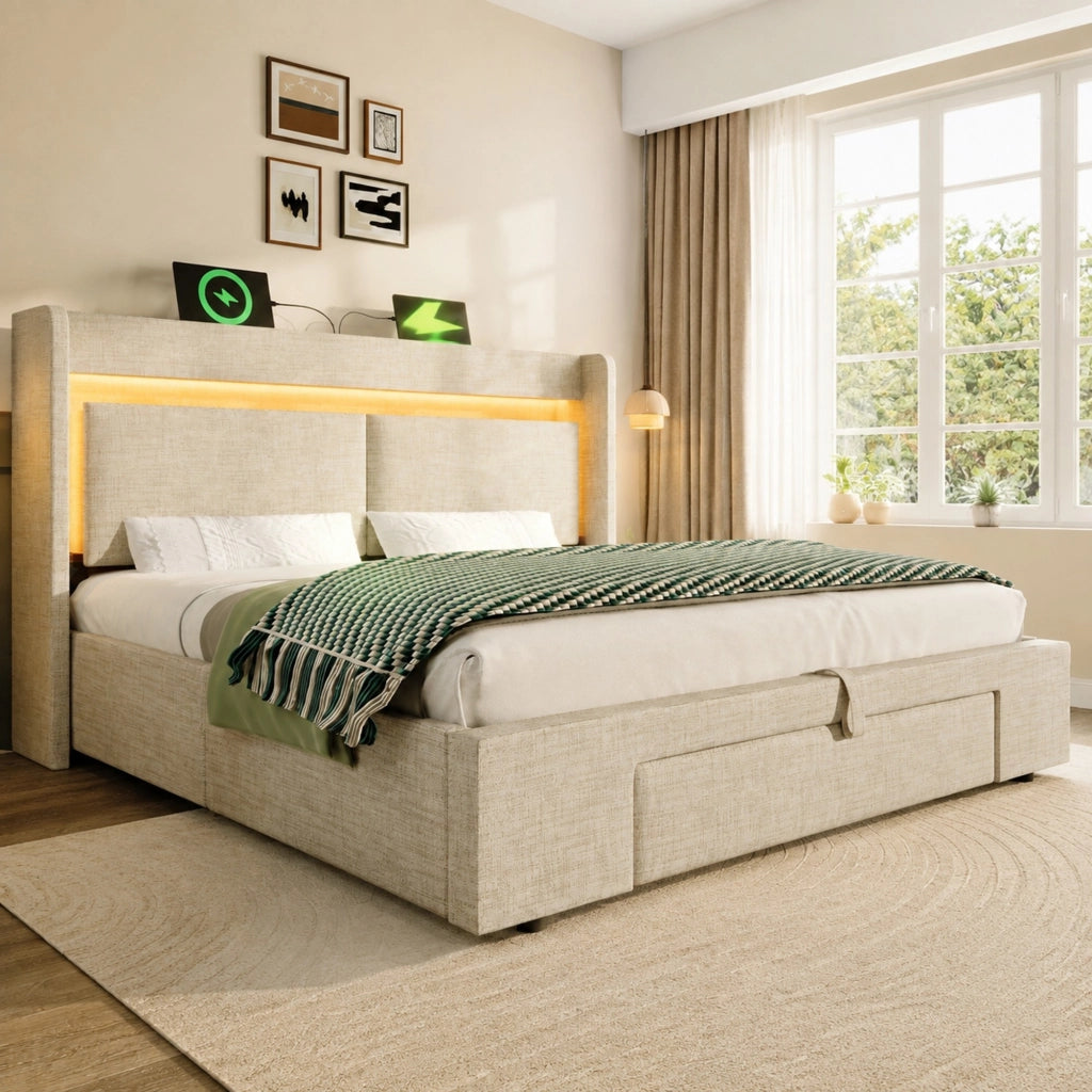 Letto imbottito 160x200 cm con contenitore idraulico, testiera con vani portaoggetti, LED e porte USB/USB-C, beige, senza materasso