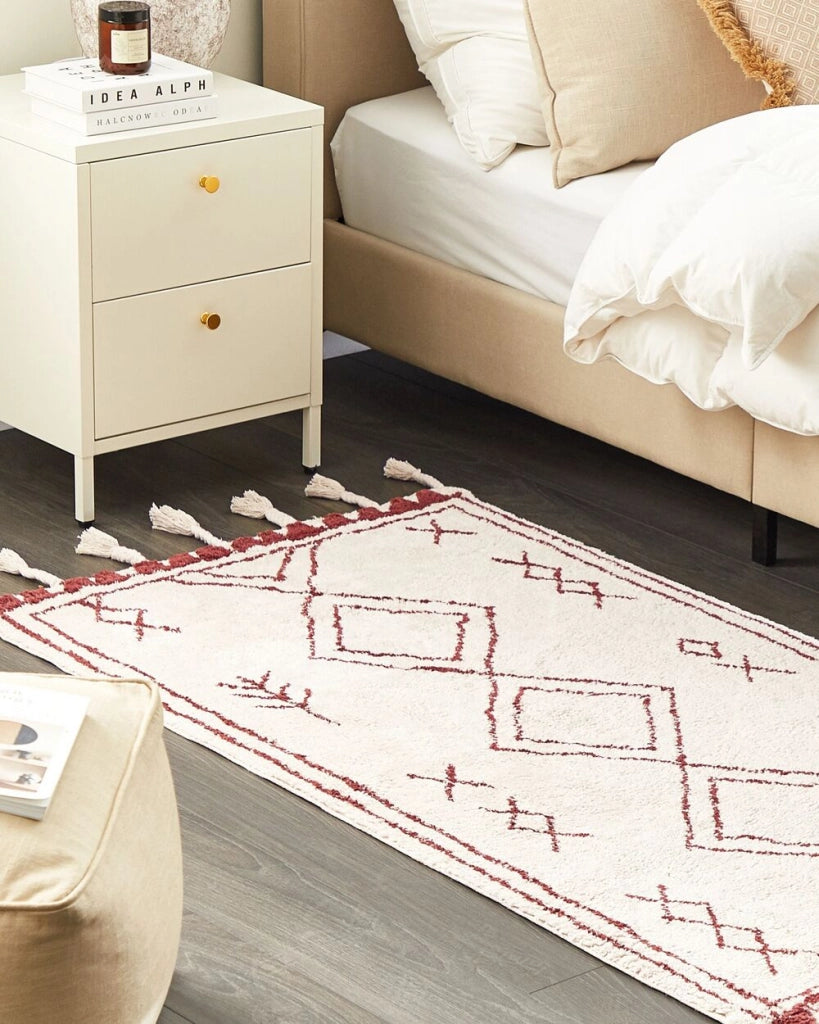 Tappeto cotone bianco sporco e rosso scuro 80 x 150 cm moderno orientale tribale nappe motivo geometrico