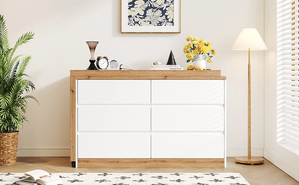 Scrivania girevole con 6 cassetti e ruote bloccabili, per ufficio in casa e camera, in truciolare, bianco e rovere, 120 × 50 cm