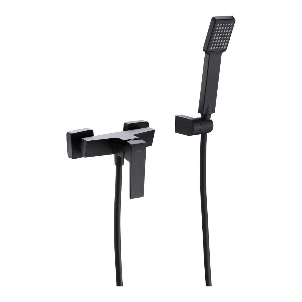 IMEX Miscelatore doccia nero opaco in ottone e zama con supporto ABS tubo flessibile metallico 180 cm maniglia quadrata e cartuccia ceramica Ø35 mm Modello Imex-BDAR025-5NG Art