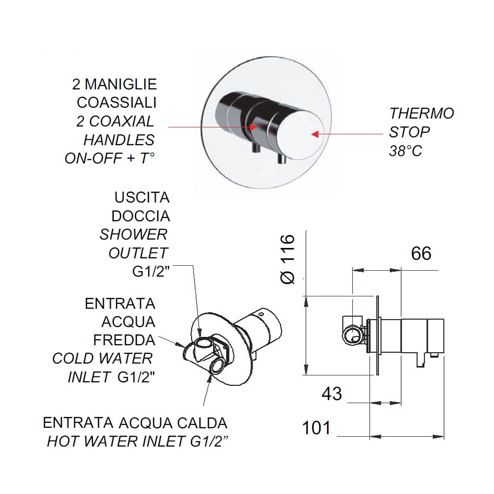Rubinetto termostatico da incasso doccia senza deviatore - serie minimal thermo