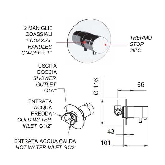 Rubinetto termostatico da incasso doccia senza deviatore - serie minimal thermo
