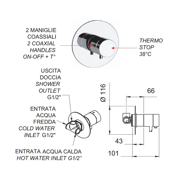 Rubinetto termostatico da incasso doccia senza deviatore - serie minimal thermo