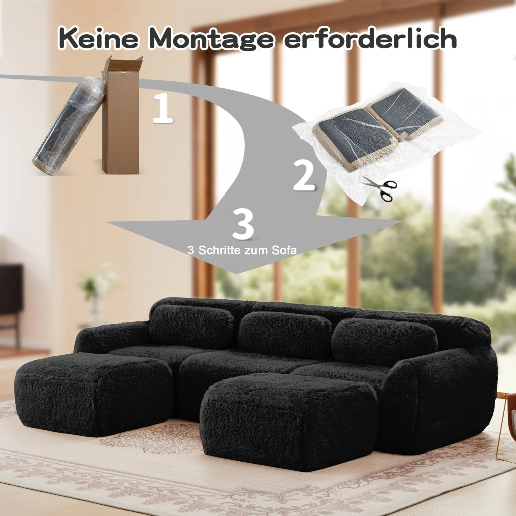 Divano Modulare a U con Design Ergonomico e Pouf Modulare, Base Antiscivolo, in Peluche Nero
