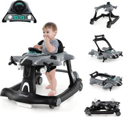 6 in 1 Girello per Bambini, Girello Pieghevole con Altezza Regolabile a 3 Livelli, Scatola Musicale Rimovibile, Vassoio per Alimenti, Portata 12 kg, per Bambini di 6-18 Mesi (Grigio)