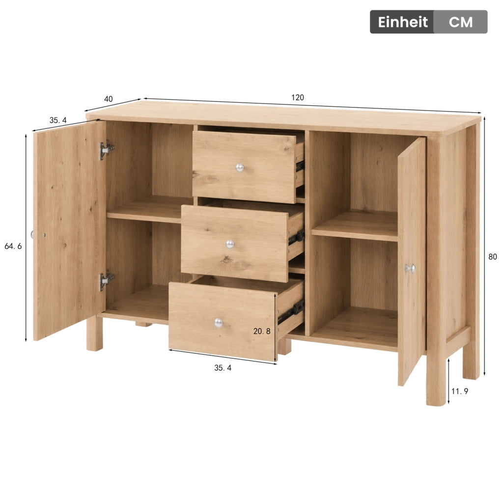 Credenza moderna con 3 cassetti e 2 ante 120 x 40 x 80 cm; effetto rovere; maniglie in metallo