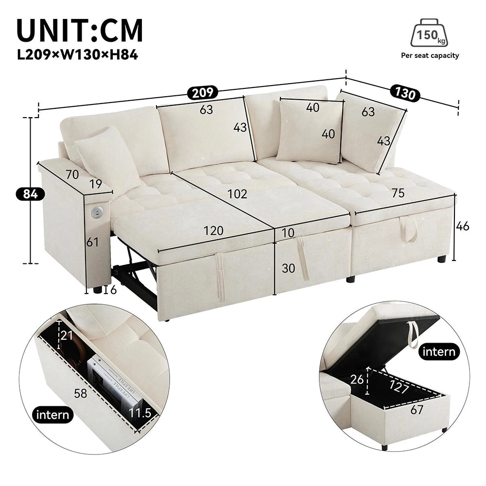 Divano angolare moderno - Xylo - Letto convertibile, USB, beige