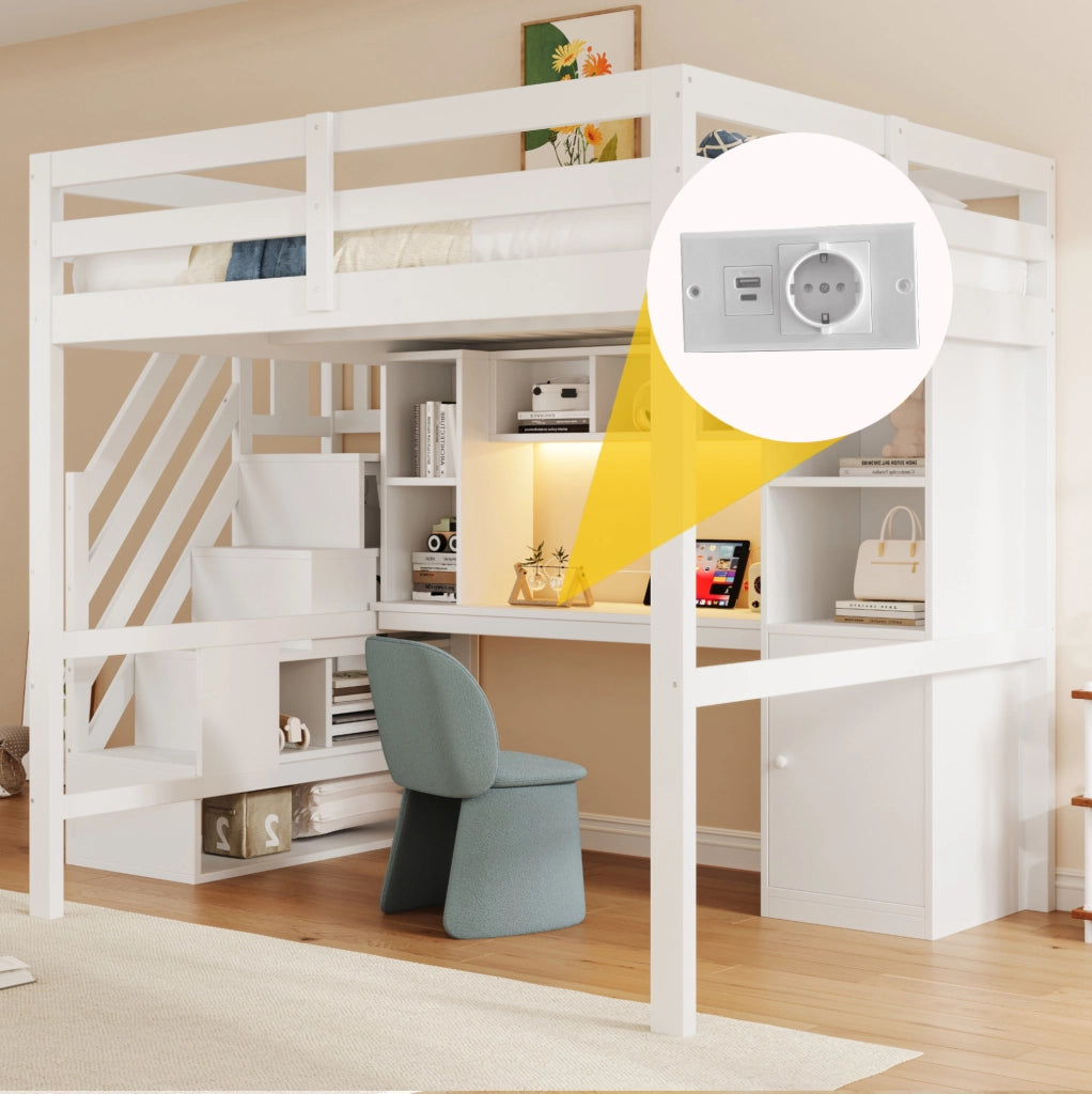 Letto a soppalco 140x200 cm con scrivania; scala contenitore; scaffali; LED e prese EU; bianco
