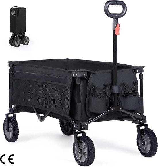 Carrello Portatile per Spiaggia, Giardino e Trasporto - Grande Dimensione, Adatto per Tutti i Tipi di Terreno, Incluso Lato e Cassa Portaoggetti - 100KG di Capacità di Carico (Nero, Ruote Normali)