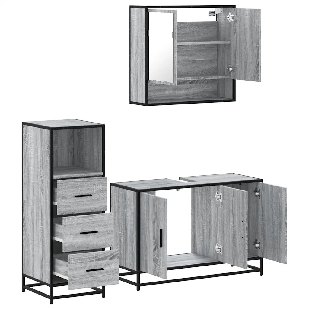 Set Mobili da Bagno | Armadio da bagno 3 pz Grigio Sonoma in Legno Multistrato