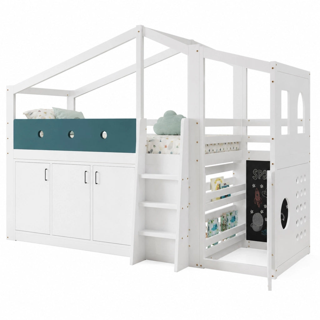Letto a soppalco per bambini 90 × 200 cm con armadio contenitore, area gioco e scala, senza materasso, bianco