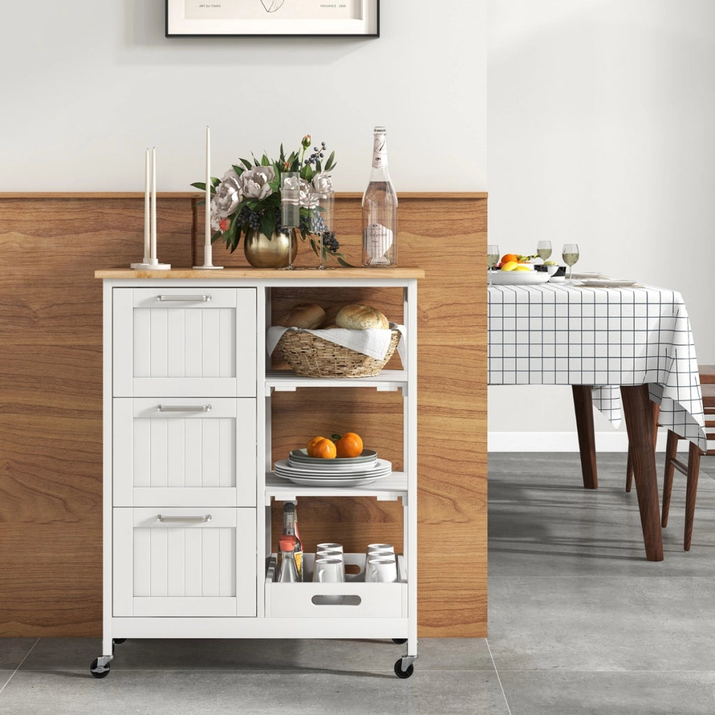 Isola cucina con ruote bloccabili piano in legno di gomma e 2 ripiani rimovibili-Carrello multiuso Bianco