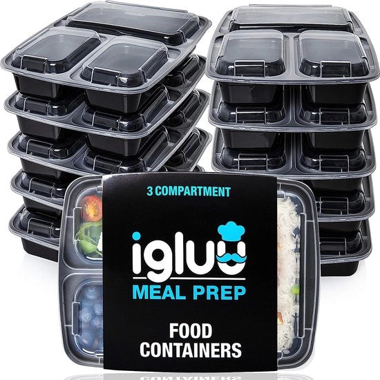 Contenitori di preparazione da 3 compartimenti BPA liberi, ereditabili, con coperchi a chiusura ermetica in plastica.