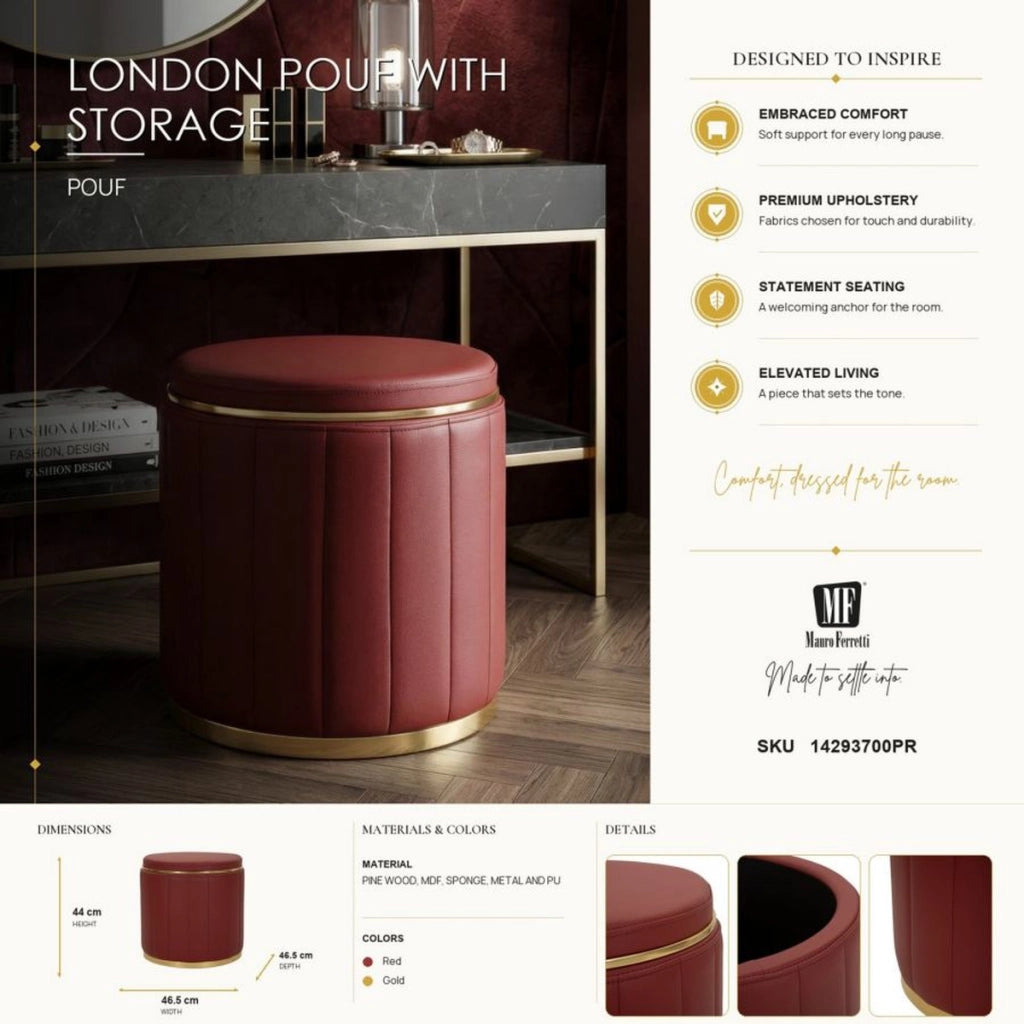 Pouf London in ecopelle rossa con dettagli oro
