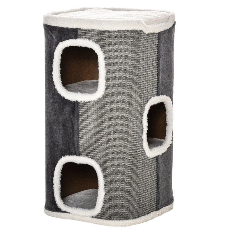 Tiragraffi per gatti a 3 livelli con fori, rivestimento in poliestere, colore grigio, 40x40x74 cm