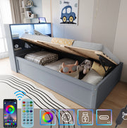 Letto multifunzione 90x200 cm grigio in legno con LED; presa integrata e 4 vani contenitore