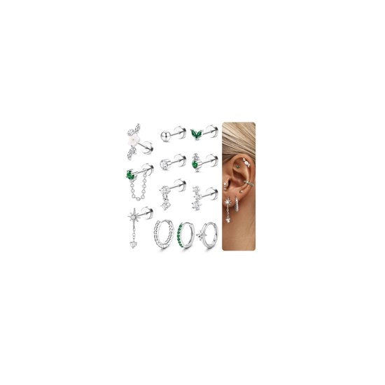 Set di orecchini 12 pezzi - Acciaio chirurgico - Orecchini da piercing - Tragus/Helix/Kraakbeen - Antiallergico - Disegno Flatback comodo - Piercing