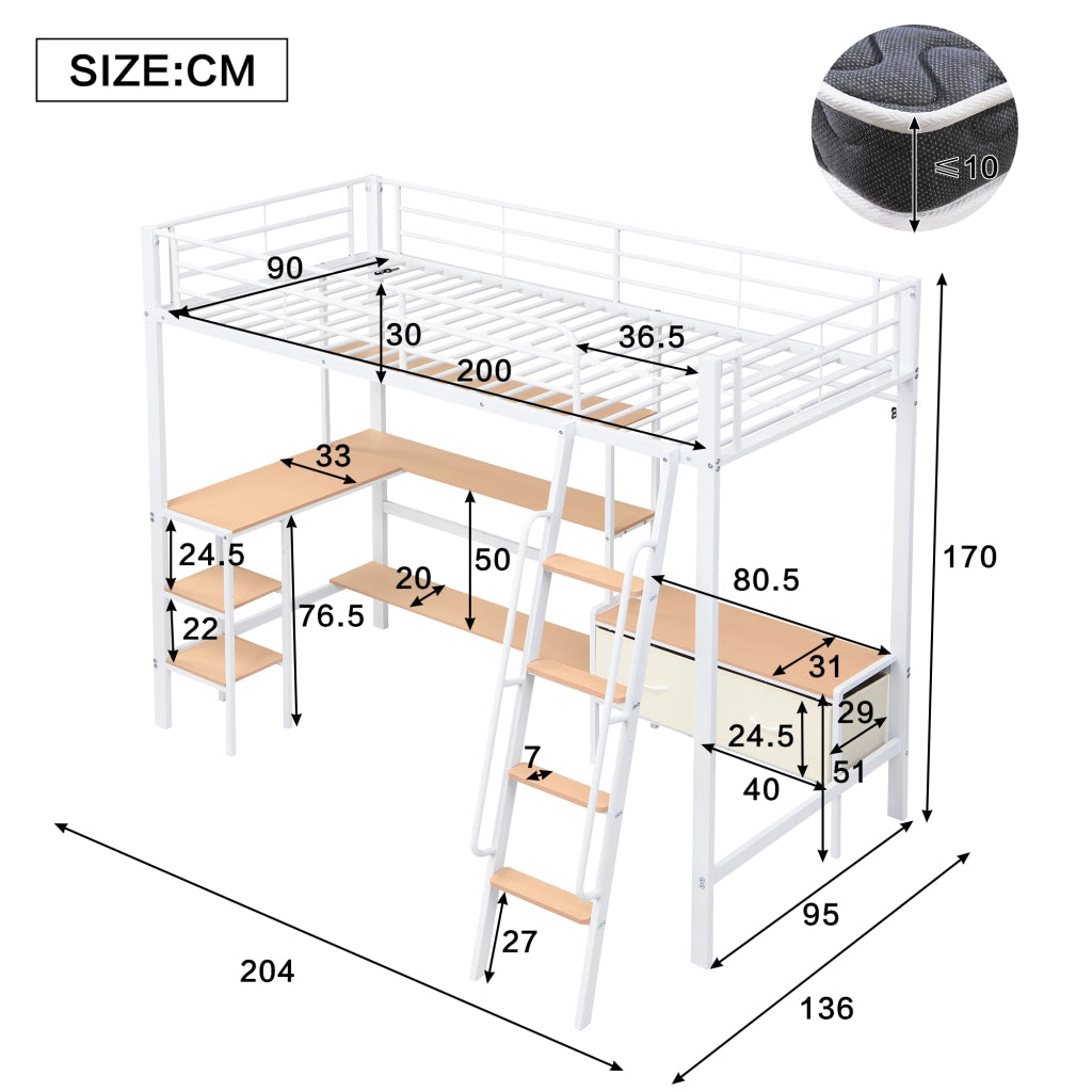 Letto a castello in ferro e MDF bianco e naturale con scrivania scaffale e due scatole tessili 90x200cm