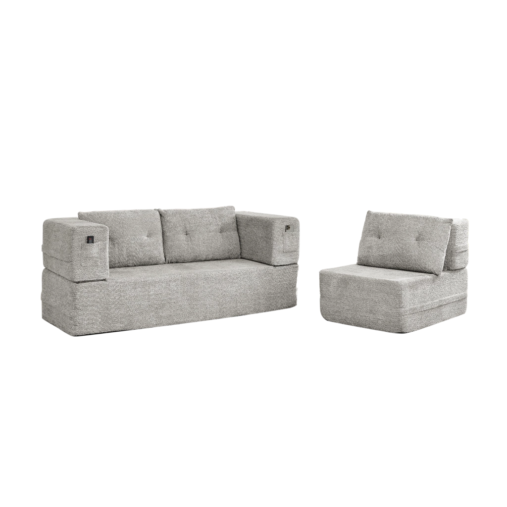 Divano modulare 2 posti con poltrona; funzione letto e tasche laterali in tessuto grigio chiaro 199×194×39 cm