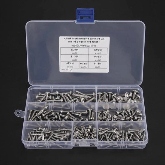 Viti a testa a croce autoallogganti - 220 pezzi - M3 M4 M5 - 304 RVS - Set con scatola - Kit di assortimento.