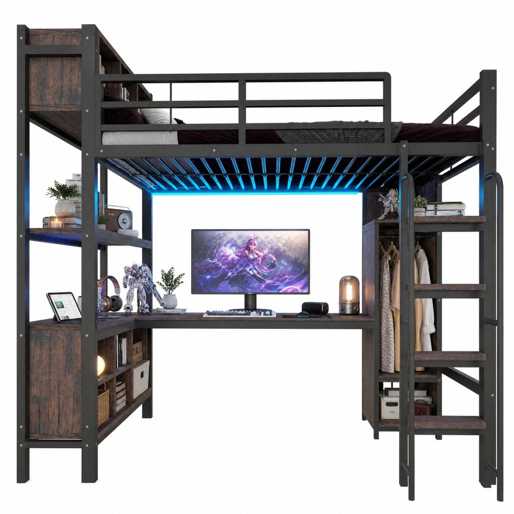 Letto a soppalco multifunzione 90x200 cm con scrivania; armadio; LED e prese EU; nero