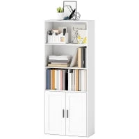Libreria con Ripiani Aperti e Armadietto 2 Ante con Mensola Interna Regolabile, 60x30x145.5 cm, Bianco