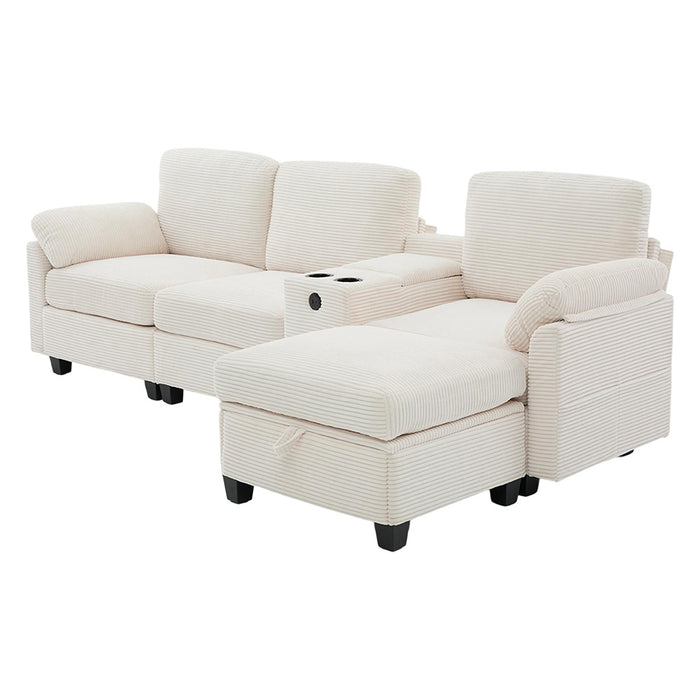 Divano grande in velluto - Xylo - Con console centrale USB-C e pouf