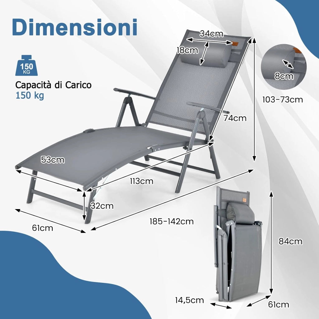 Lettino Prendisole Pieghevole, Schienale Regolabile in 7 Posizioni, Sdraio da Giardino in Textilene con Braccioli, Poggiatesta, Capacità di 150 kg, 142 x 61 x 103 cm (Grigio)