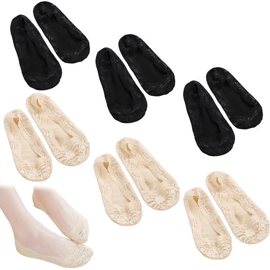 Calze in Pizzo - Invisibili - Cotone - 6 Pari - Pelle Naturale/Nero - Comodi/Absorbenti - Calze
