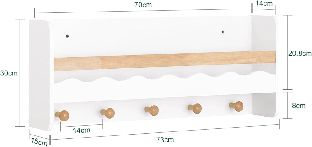 Libreria per bambini Mensola a muro Appendiabiti bambini con cinque ganci Bianco 73x15x30cm KMB78-W
