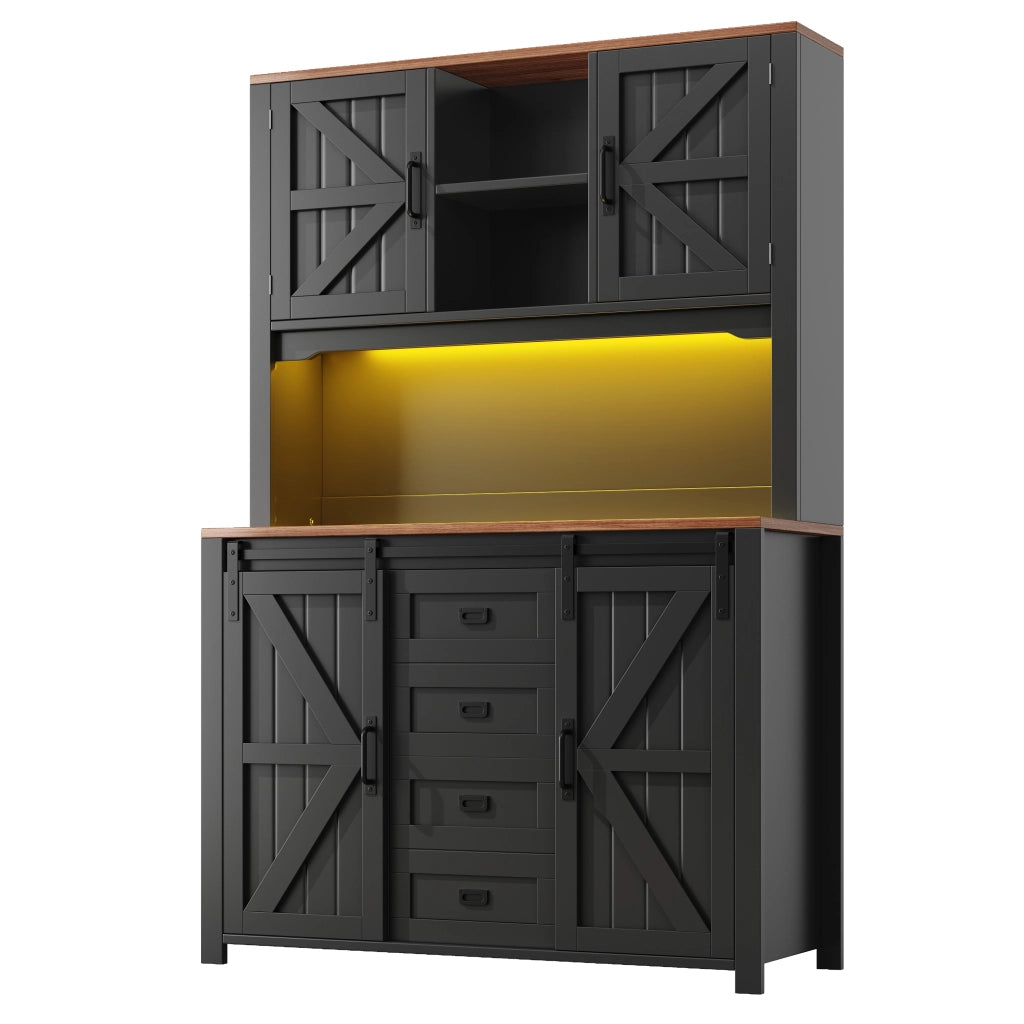 Credenza Cucina Alta con Ante Scorrevoli; 2 Cassetti; Ripiani Regolabili e LED per Cucina; in MDF e Metallo; 115x40x174;7 cm; Nero