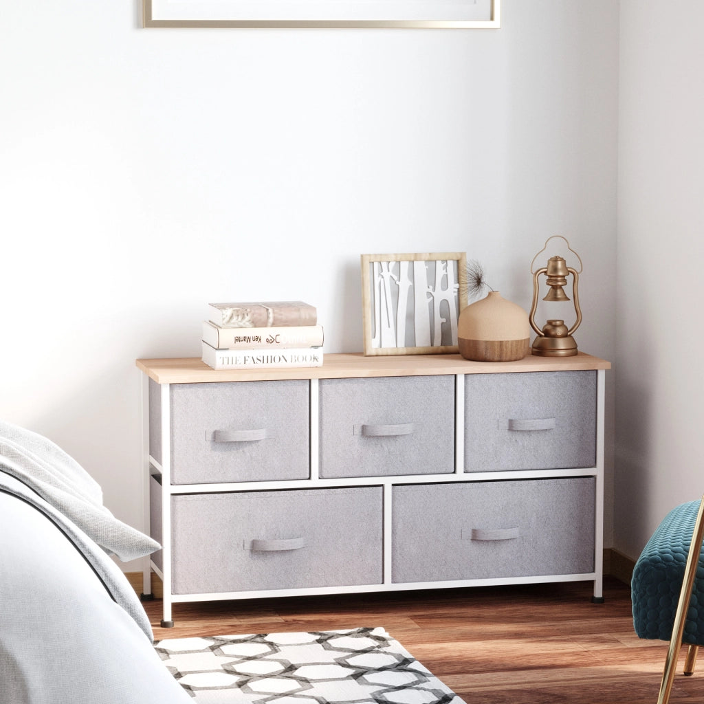 Cassettiera con 5 Cassetti ¨C Zephmum ¨C Grigio Bianco Legno Acciaio 100x30x54