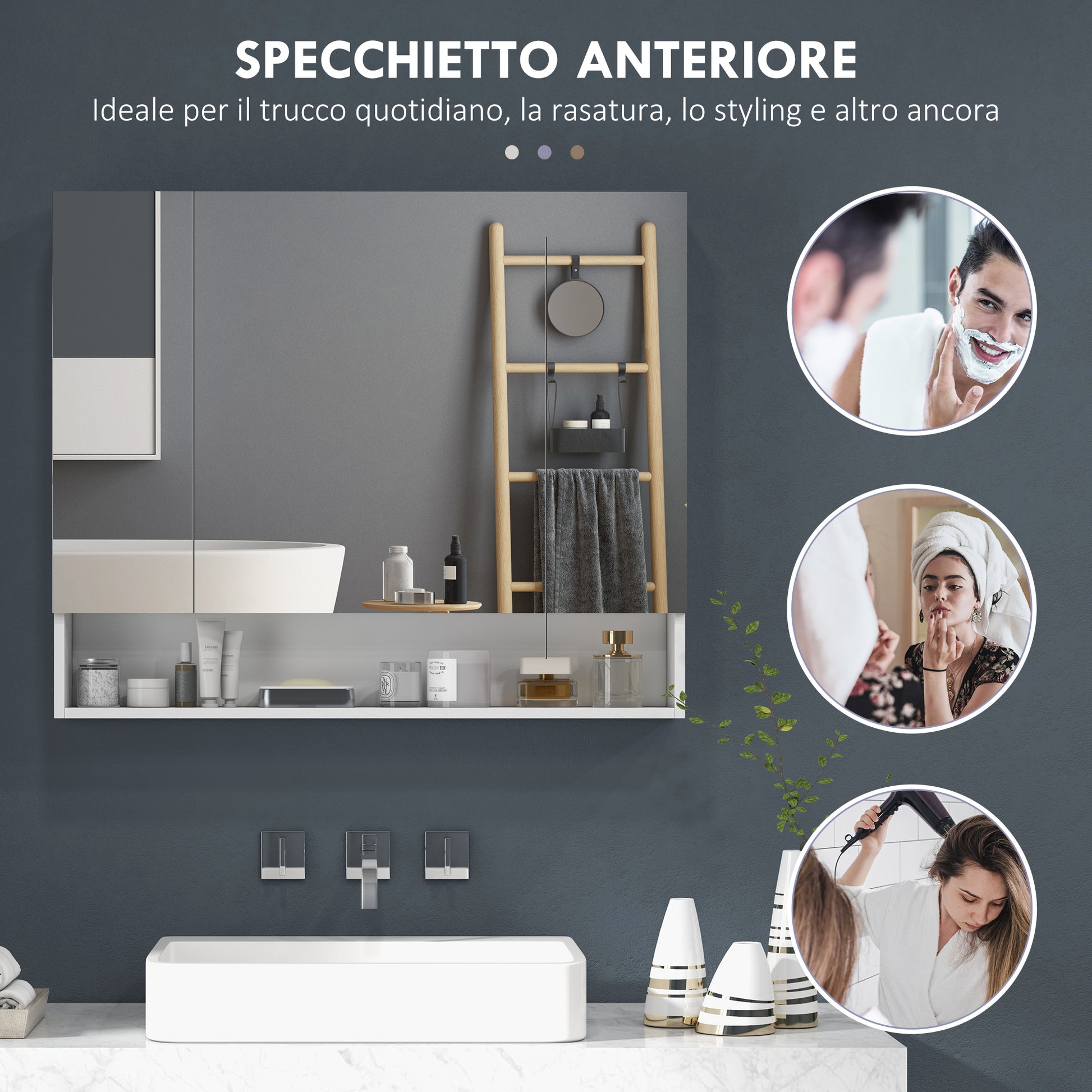 Armadietto da Bagno 90x15x75 cm con Specchio 3 Ante Soft Close e Ripiani Regolabili in MDF Bianco